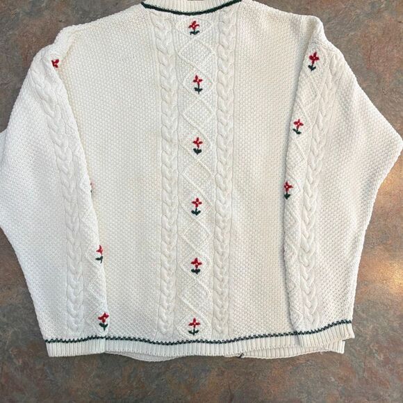 Northern Reflections Vintage Cardigan Cable Knit White Sweater Red Flowers Mediu - Picture 7 of 8